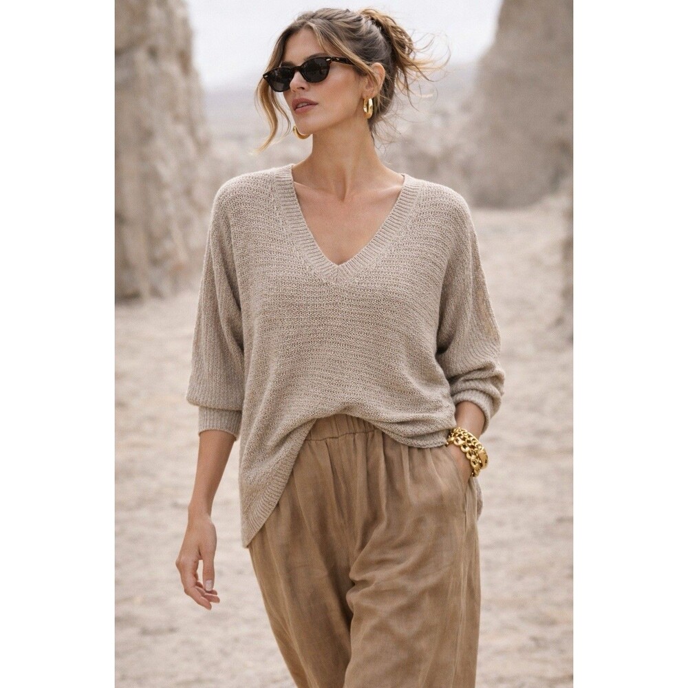 Women Knit Sweater Beige V Neck Textured Lightweight XL Relaxed Fit
